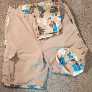 Reversable Tan/Hawaiian Flower Swim Trunks . Sz 34